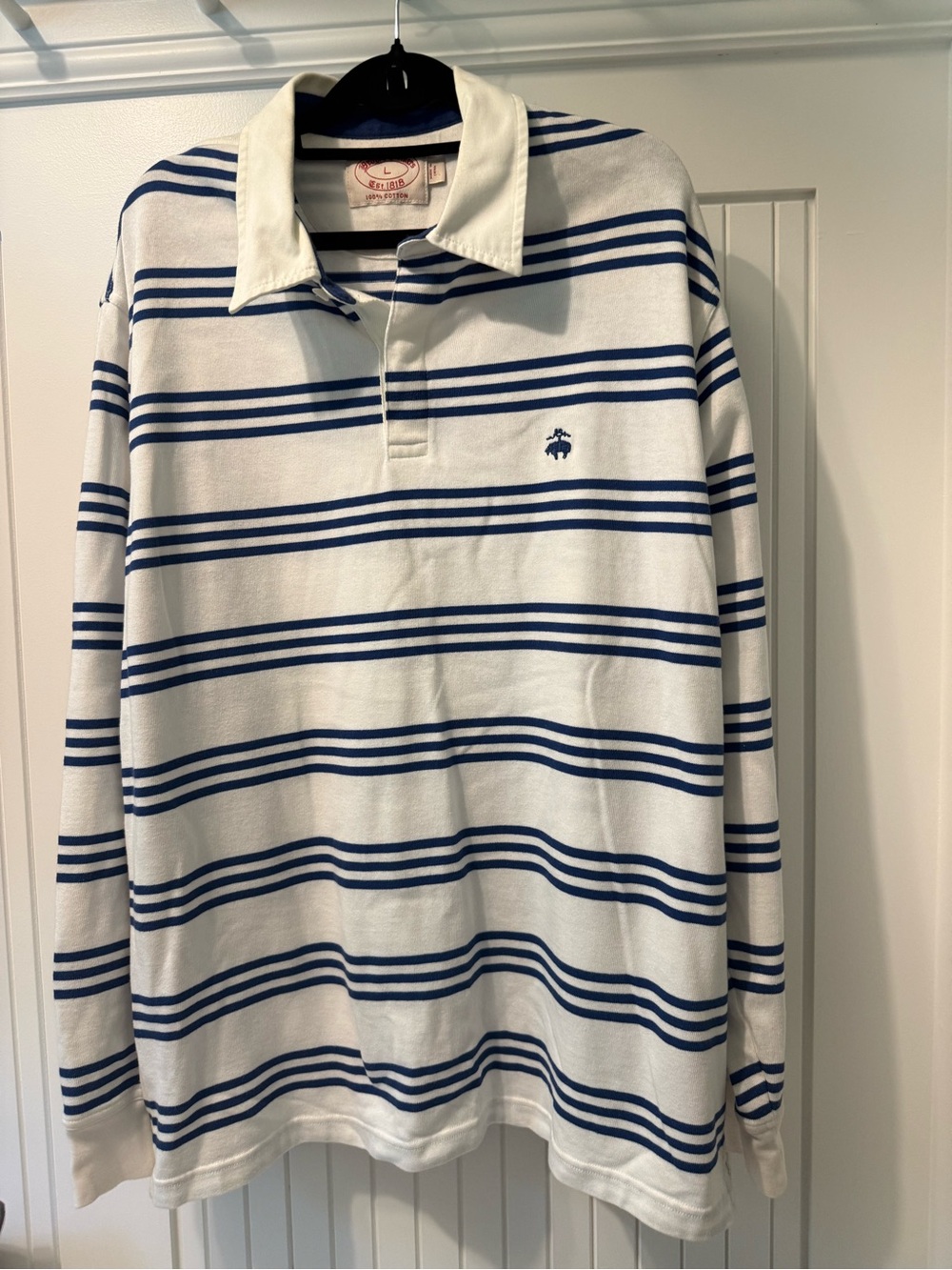 Brooks Brothers White & Navy Striped Long-Sleeve Polo